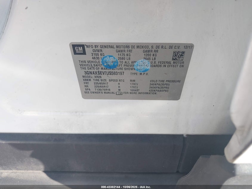 2018 CHEVROLET EQUINOX LT 3GNAXSEV7JS583197