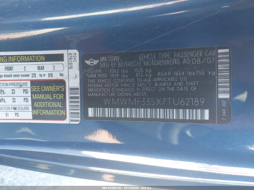 2007 Mini Cooper VIN: WMWMF335X7TU62189 Lot: 43382148