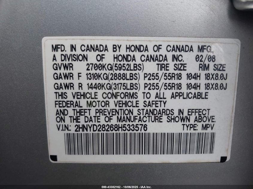 2008 Acura Mdx VIN: 2HNYD28268H533576 Lot: 43382162