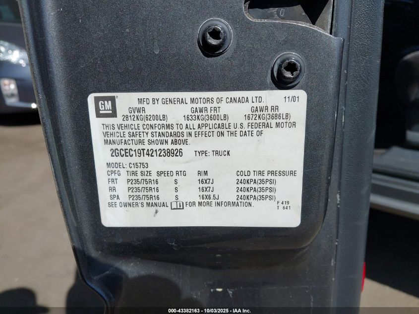 2002 Chevrolet Silverado 1500 Ls VIN: 2GCEC19T421238926 Lot: 43382163