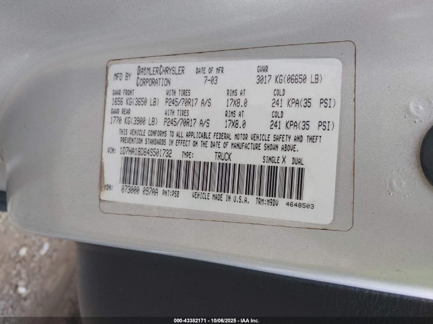 2004 Dodge Ram 1500 Slt/Laramie VIN: 1D7HA18D64S501732 Lot: 43382171