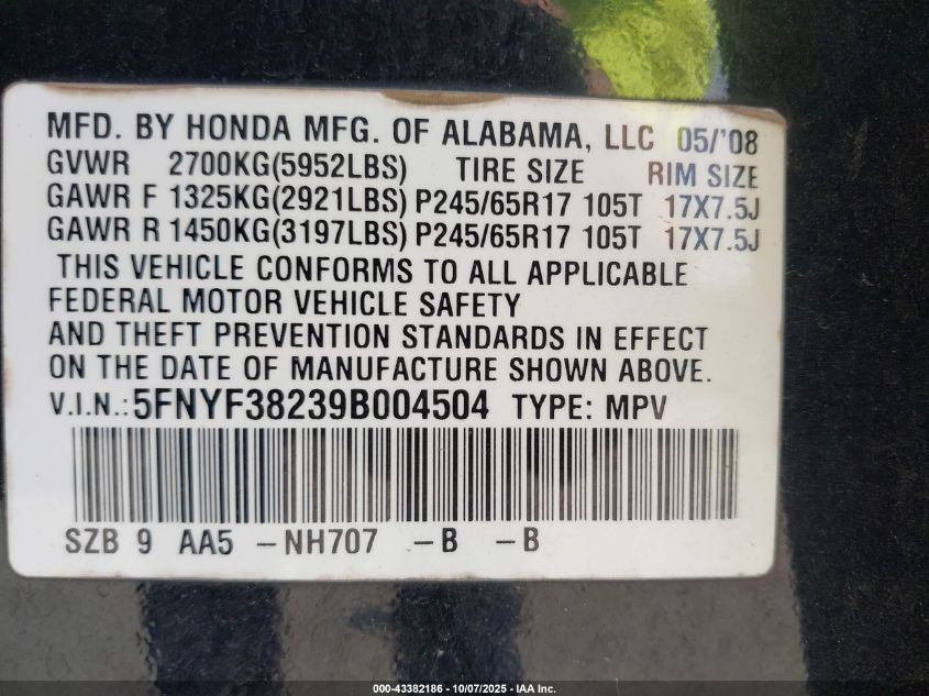 2009 Honda Pilot Lx VIN: 5FNYF38239B004504 Lot: 43382186