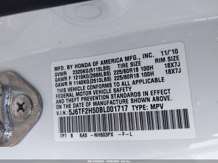 2011 Honda Accord Crosstour Ex-L VIN: 5J6TF2H50BL001717 Lot: 43382209