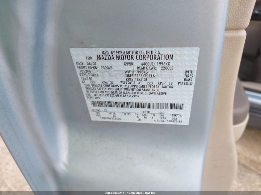 2008 Mazda Tribute I Grand Touring VIN: 4F2CZ02Z48KM12209 Lot: 43382211