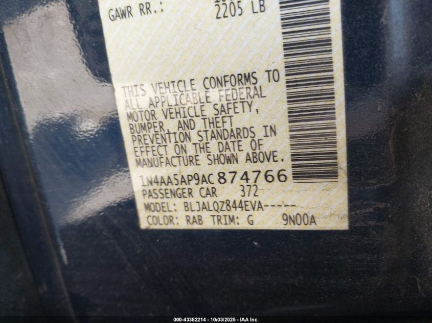 2010 Nissan Maxima 3.5 S VIN: 1N4AA5AP9AC874766 Lot: 43382214