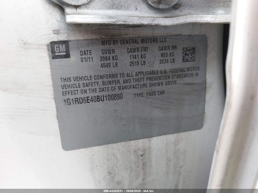 2011 Chevrolet Volt VIN: 1G1RD6E40BU100890 Lot: 43382221