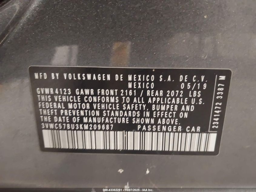2019 Volkswagen Jetta 1.4T R-Line/1.4T S/1.4T Se VIN: 3VWC57BU3KM209687 Lot: 43382251