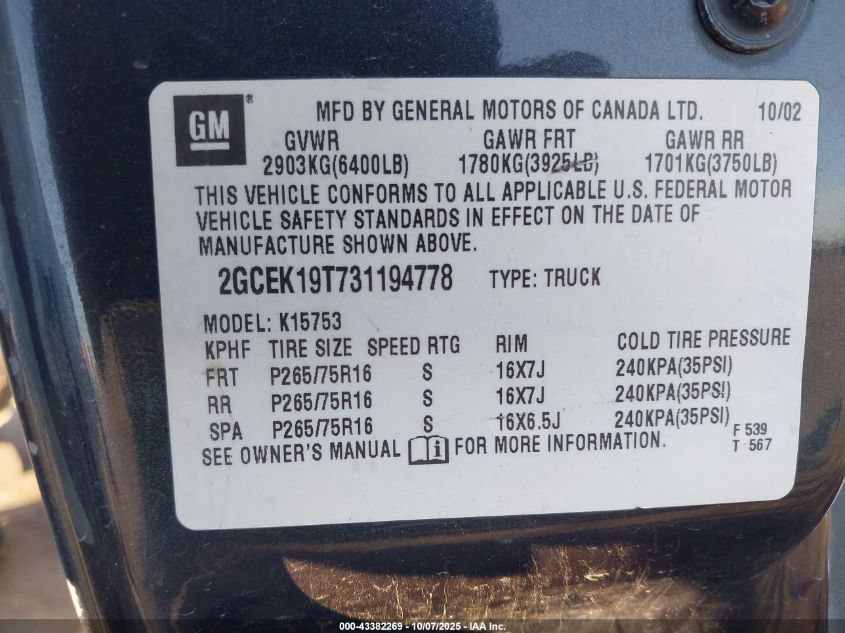 2003 Chevrolet Silverado 1500 Lt VIN: 2GCEK19T731194778 Lot: 43382269