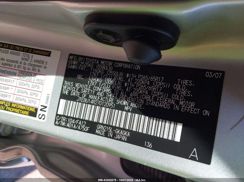 2007 Toyota 4Runner Sr5 V6 VIN: JTEBU14R270120951 Lot: 43382276