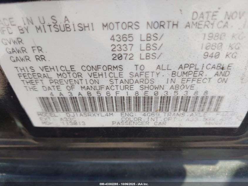 2008 Mitsubishi Galant Es VIN: 4A3AB56F18E035388 Lot: 43382285