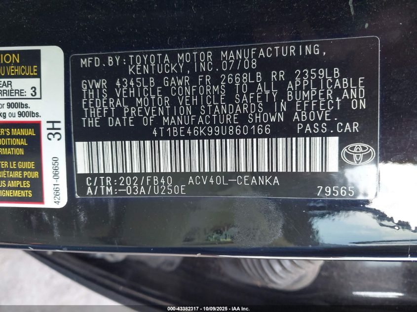 2009 Toyota Camry Le VIN: 4T1BE46K99U860166 Lot: 43382317