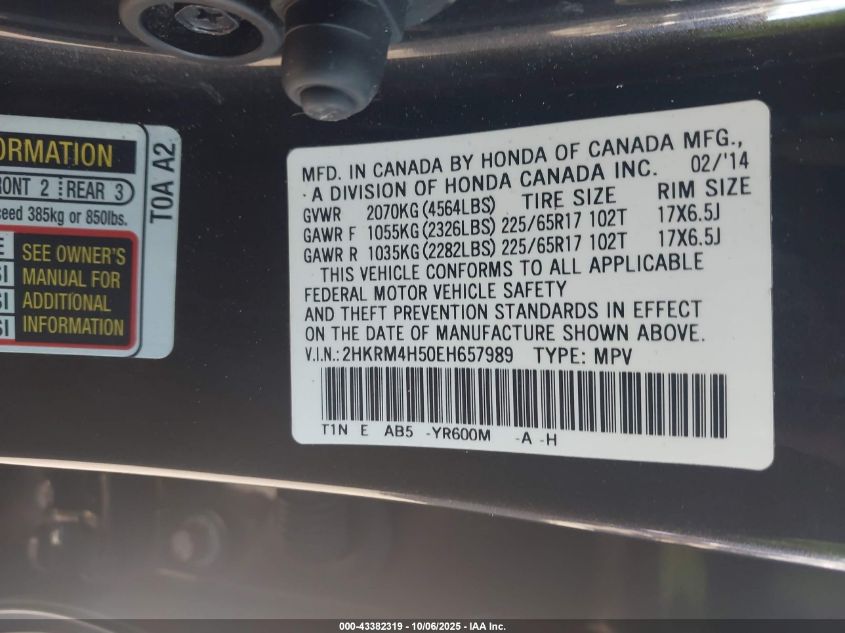 2014 Honda Cr-V Ex VIN: 2HKRM4H50EH657989 Lot: 43382319