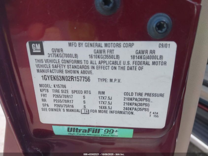 2002 Cadillac Escalade Standard VIN: 1GYEK63N02R157756 Lot: 43382321