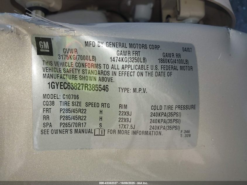2007 Cadillac Escalade Standard VIN: 1GYEC63827R385546 Lot: 43382327