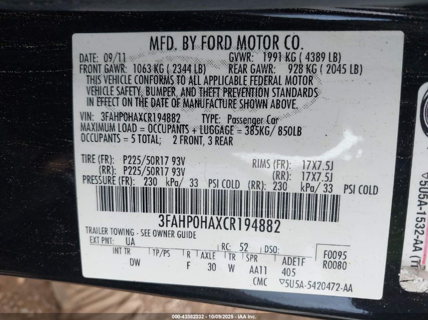 2012 Ford Fusion Se VIN: 3FAHP0HAXCR194882 Lot: 43382332