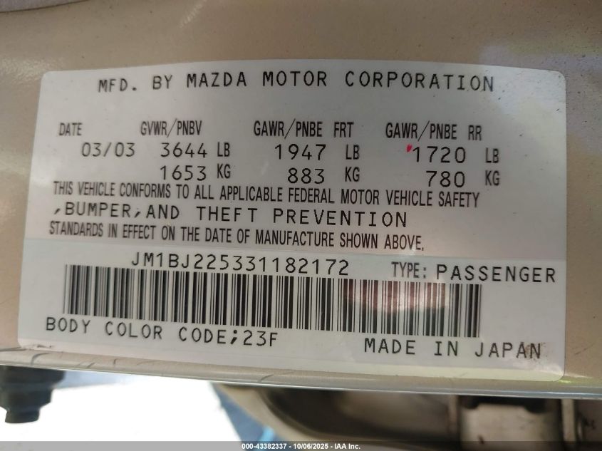 2003 Mazda Protege Dx/Es/Lx VIN: JM1BJ225331182172 Lot: 43382337