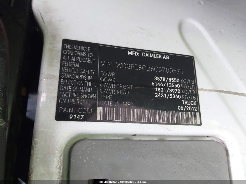 2012 Mercedes-Benz Sprinter 2500 VIN: WD3PE8CB6C5700571 Lot: 43382343
