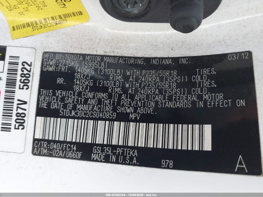 2012 Toyota Sienna Le 7 Passenger VIN: 5TDJK3DC2CS040859 Lot: 43382344