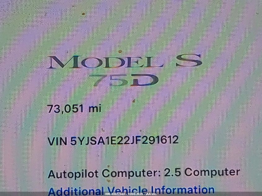 2018 Tesla Model S 100D/75D/P100D VIN: 5YJSA1E22JF291612 Lot: 43382348