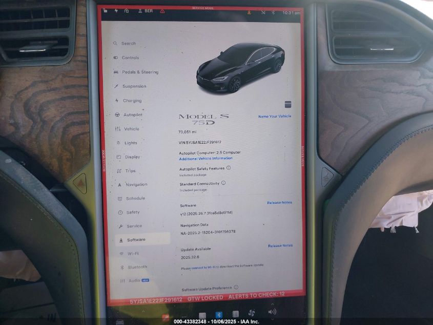 2018 Tesla Model S 100D/75D/P100D VIN: 5YJSA1E22JF291612 Lot: 43382348