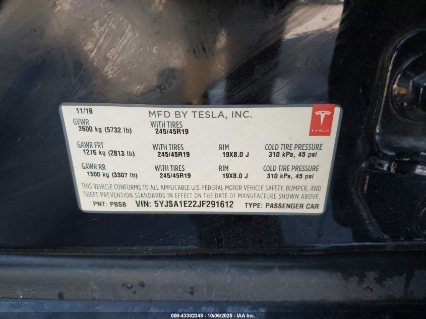 2018 Tesla Model S 100D/75D/P100D VIN: 5YJSA1E22JF291612 Lot: 43382348