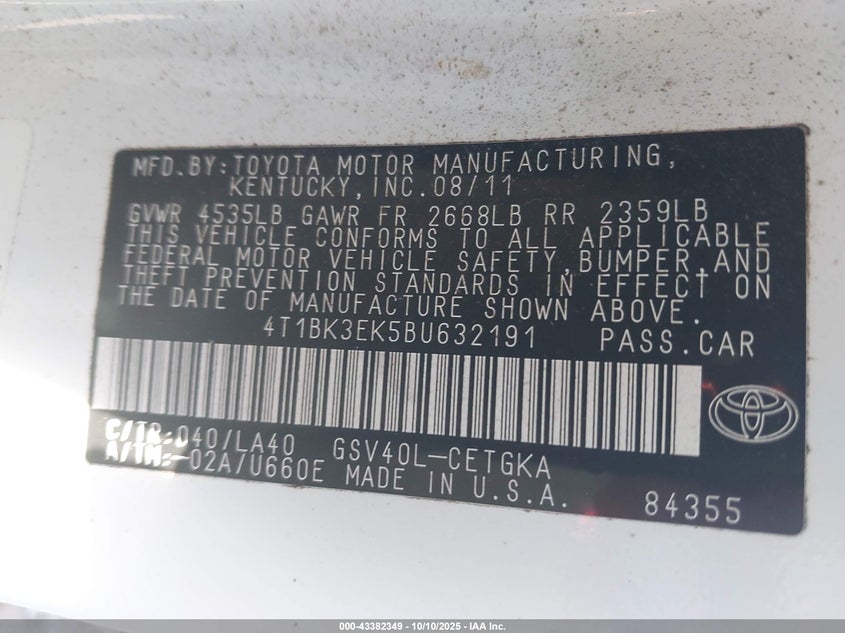 2011 Toyota Camry Xle V6 VIN: 4T1BK3EK5BU632191 Lot: 43382349