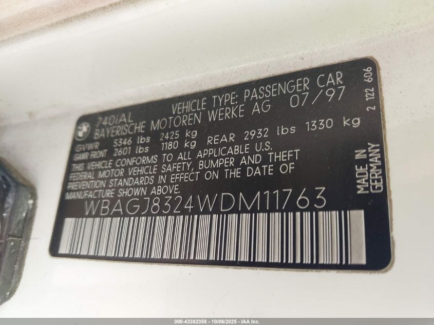 1998 BMW 740Il VIN: WBAGJ8324WDM11763 Lot: 43382358