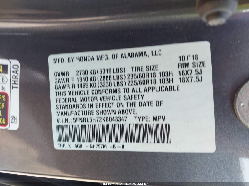 2019 Honda Odyssey Ex-L VIN: 5FNRL6H72KB048347 Lot: 43382372