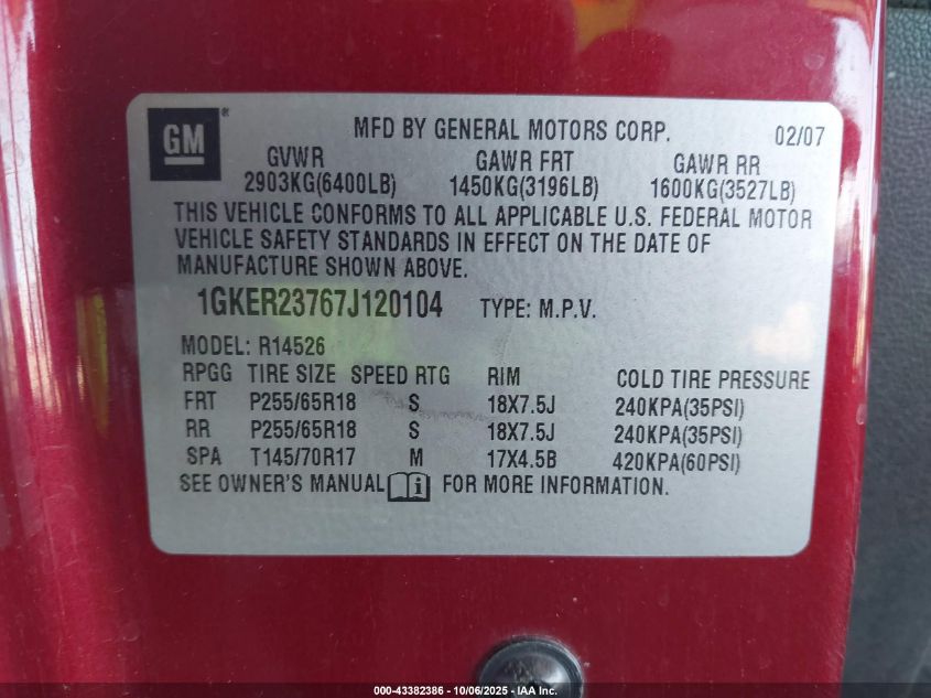 2007 GMC Acadia Slt-1 VIN: 1GKER23767J120104 Lot: 43382386