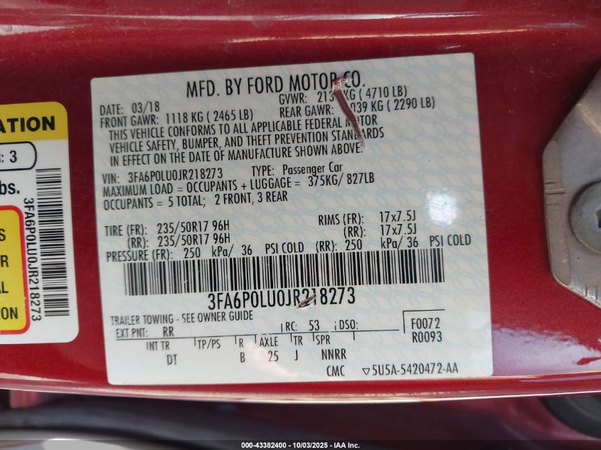2018 Ford Fusion Hybrid Se VIN: 3FA6P0LU0JR218273 Lot: 43382400