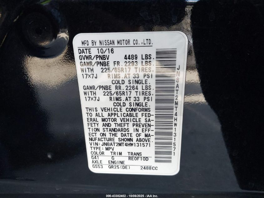 2017 Nissan Rogue S VIN: JN8AT2MT4HW131571 Lot: 43382402