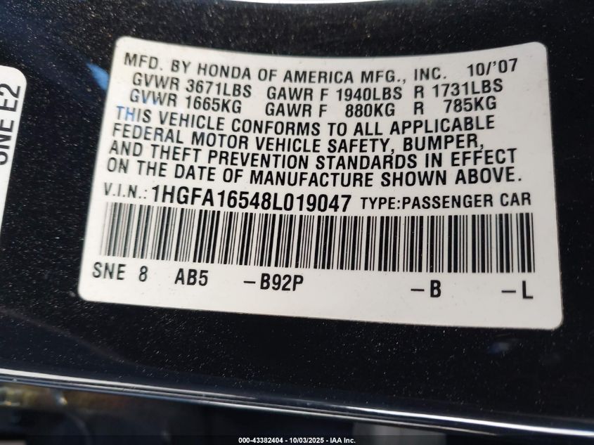 2008 Honda Civic Lx VIN: 1HGFA16548L019047 Lot: 43382404