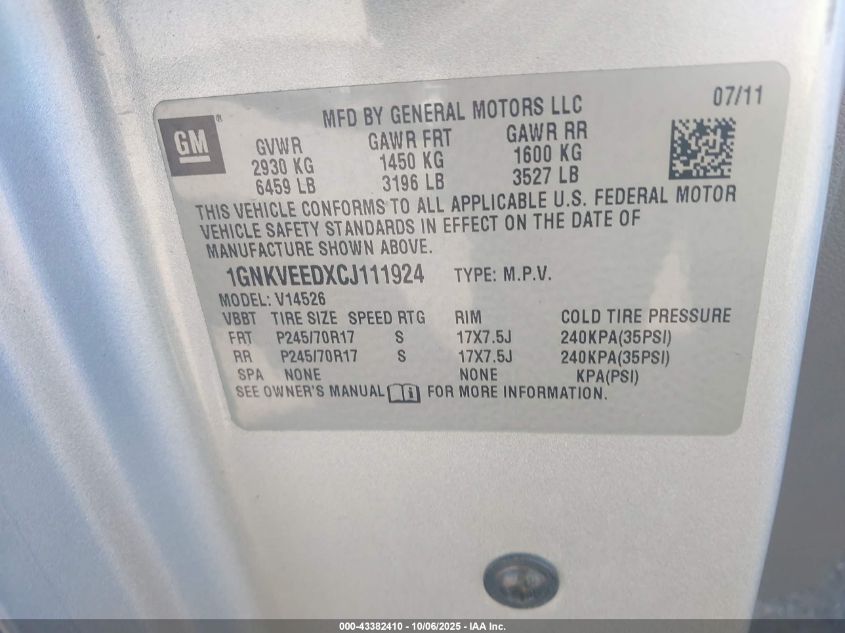 2012 Chevrolet Traverse Ls VIN: 1GNKVEEDXCJ111924 Lot: 43382410