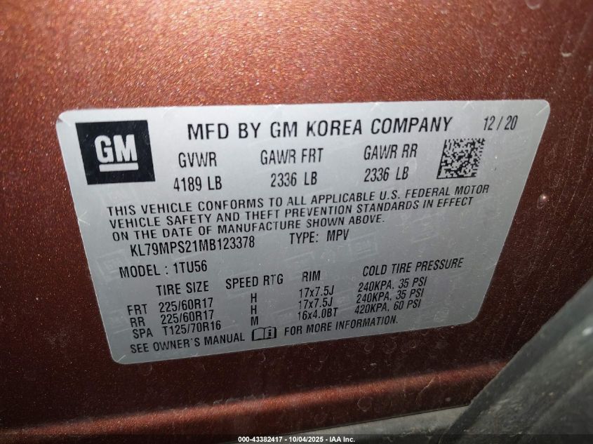 2021 Chevrolet Trailblazer Fwd Lt VIN: KL79MPS21MB123378 Lot: 43382417