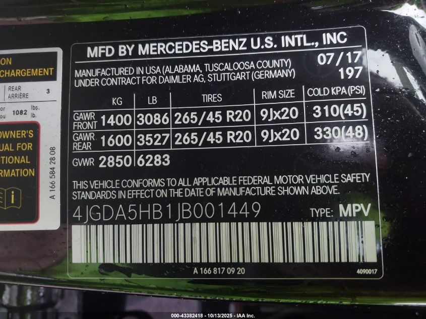 2018 Mercedes-Benz Gle 350 4Matic VIN: 4JGDA5HB1JB001449 Lot: 43382418
