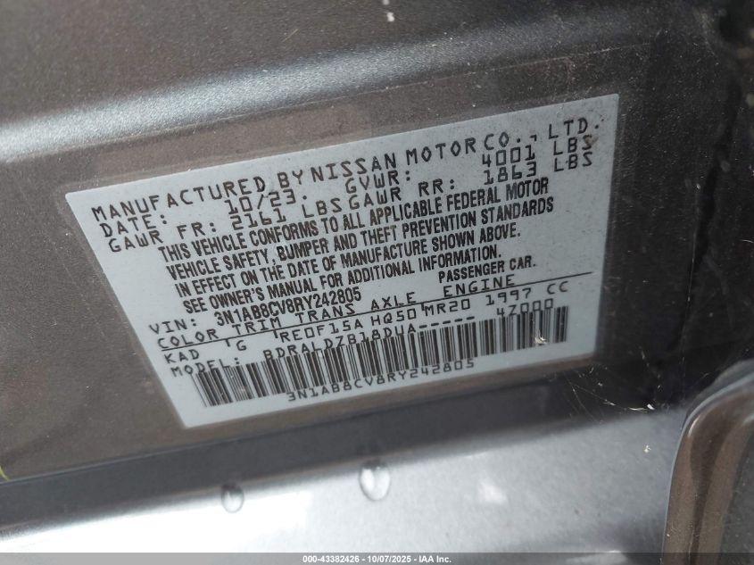 2024 Nissan Sentra Sv Xtronic Cvt VIN: 3N1AB8CV8RY242805 Lot: 43382426