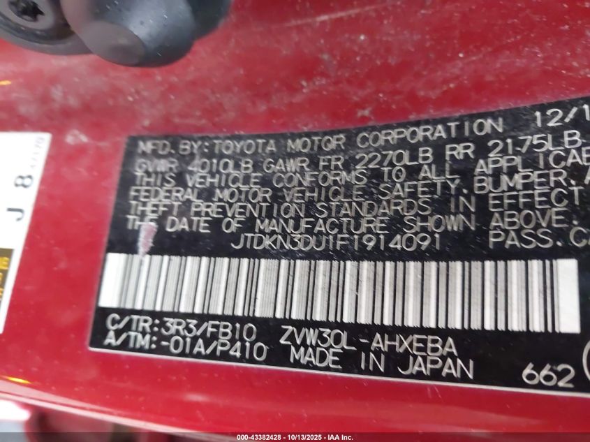 2015 Toyota Prius Two VIN: JTDKN3DU1F1914091 Lot: 43382428