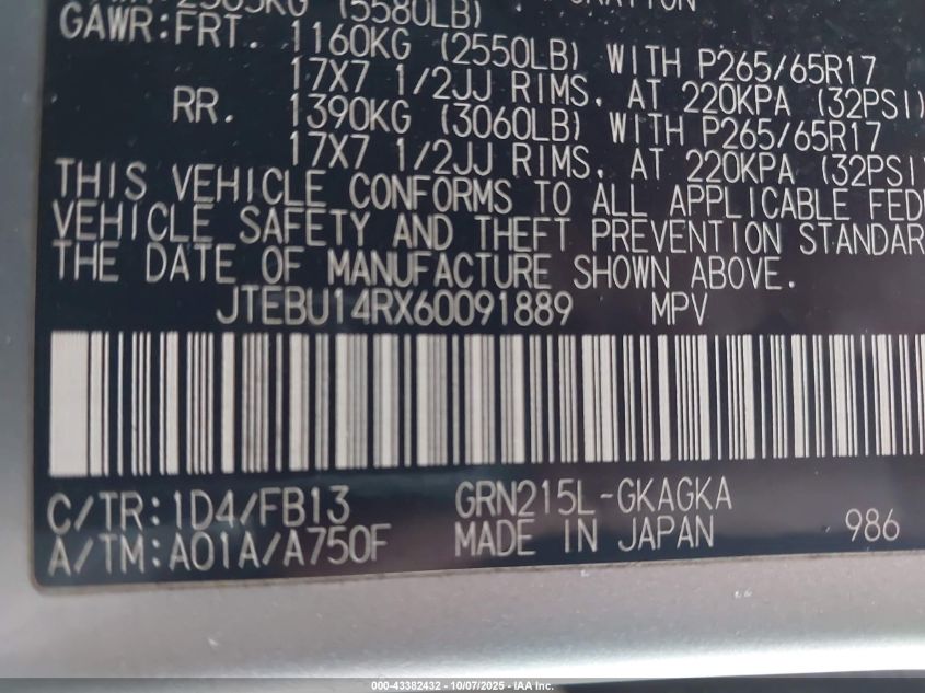 2006 Toyota 4Runner Sr5 Sport V6 VIN: JTEBU14RX60091889 Lot: 43382432