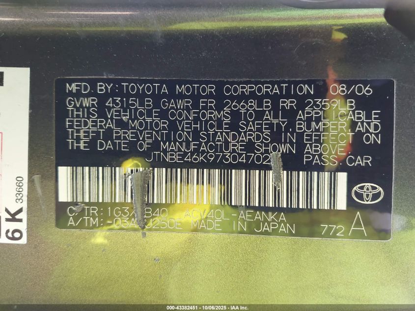 2007 Toyota Camry Le VIN: JTNBE46K973047025 Lot: 43382451