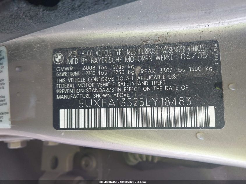 2005 BMW X5 3.0I VIN: 5UXFA13525LY18483 Lot: 43382459