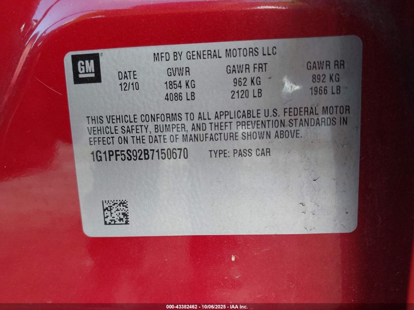 2011 Chevrolet Cruze 1Lt VIN: 1G1PF5S92B7150670 Lot: 43382462