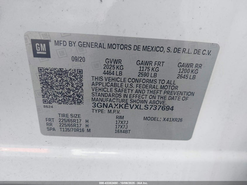 2020 CHEVROLET EQUINOX FWD LT 1.5L TURBO 3GNAXKEVXLS737694