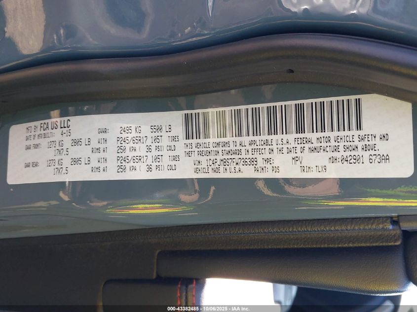 2015 Jeep Cherokee Trailhawk VIN: 1C4PJMBS7FW736389 Lot: 43382485