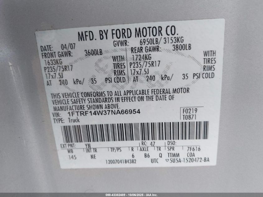 2007 Ford F-150 Stx/Xl/Xlt VIN: 1FTRF14W37NA66954 Lot: 43382489