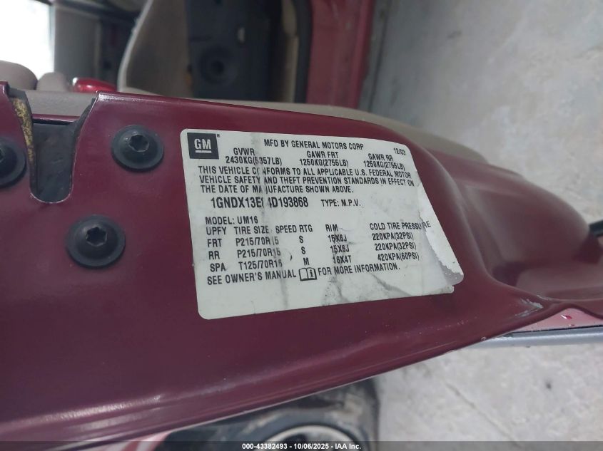 2004 Chevrolet Venture Lt VIN: 1GNDX13E84D193868 Lot: 43382493