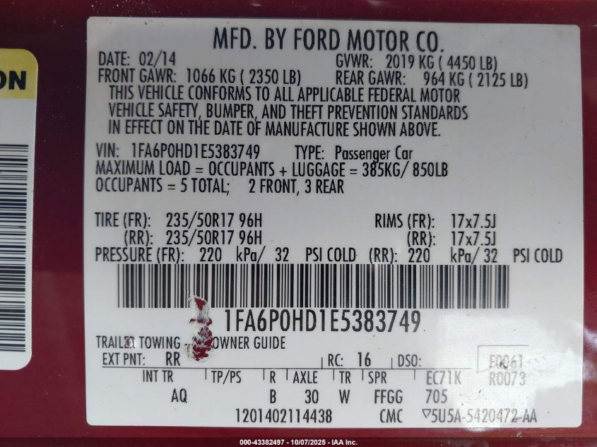 2014 Ford Fusion Se VIN: 1FA6P0HD1E5383749 Lot: 43382497