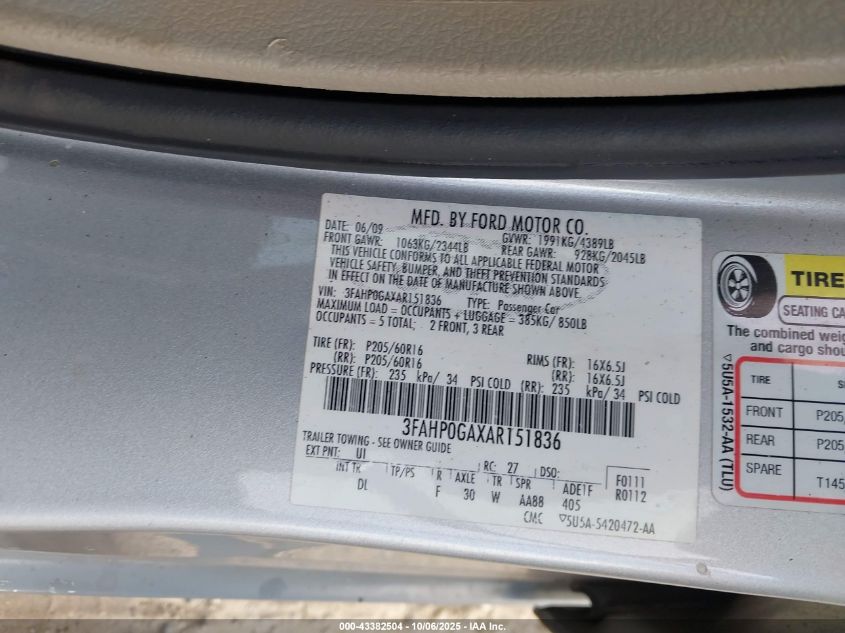 2010 Ford Fusion S VIN: 3FAHP0GAXAR151836 Lot: 43382504