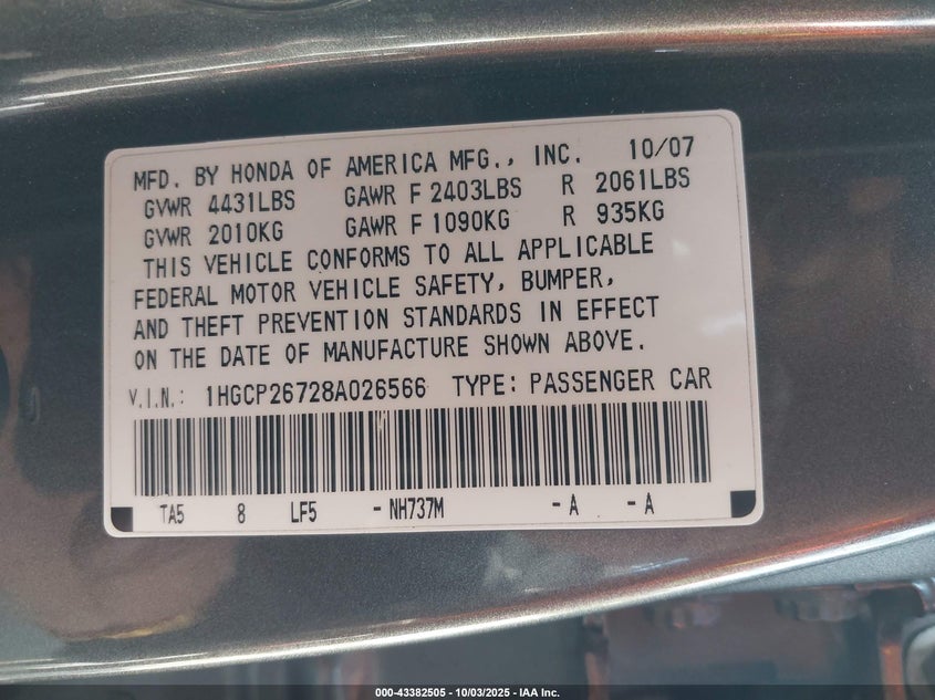 2008 Honda Accord 2.4 Ex VIN: 1HGCP26728A026566 Lot: 43382505
