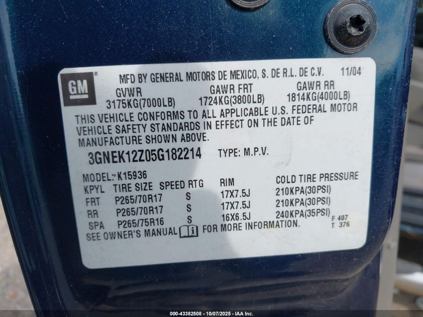 2005 Chevrolet Avalanche 1500 Z71 VIN: 3GNEK12Z05G182214 Lot: 43382508