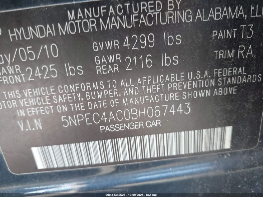 2011 Hyundai Sonata Se VIN: 5NPEC4AC0BH067443 Lot: 43382526